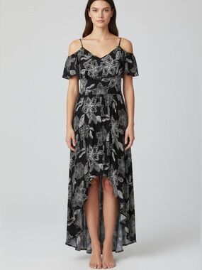 Rewind Black & White Floral Cold-Shoulder High-Low Dress